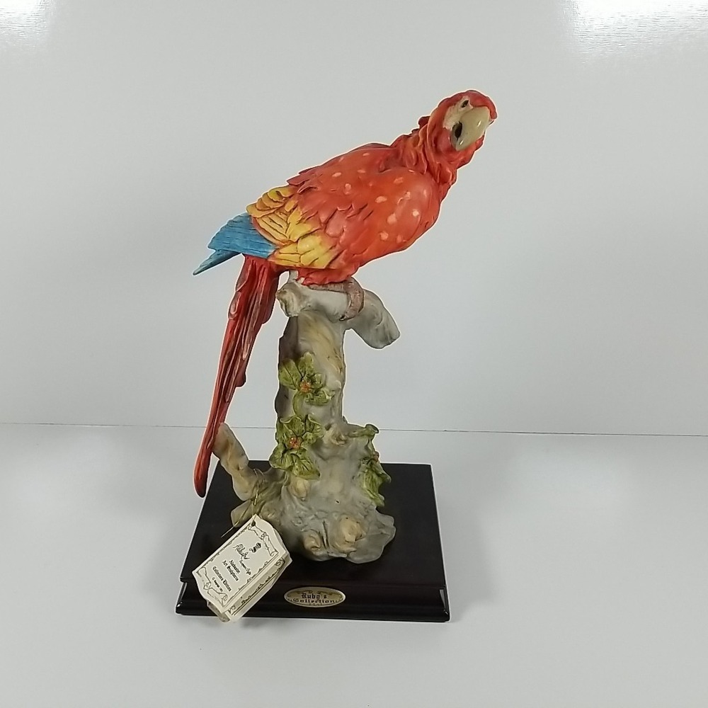 Large 12" Alabaster Scarlet Macaw Parrot Bird on Tree Stump Figure Sculpture